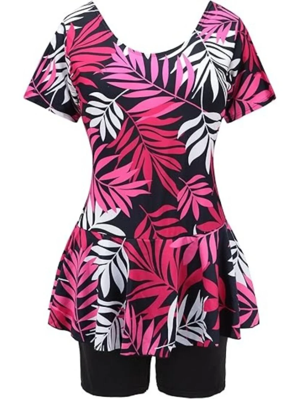 Knaspor Size 12-14 Swim Dress One Piece Pink Floral Leaf Print Black Shorts